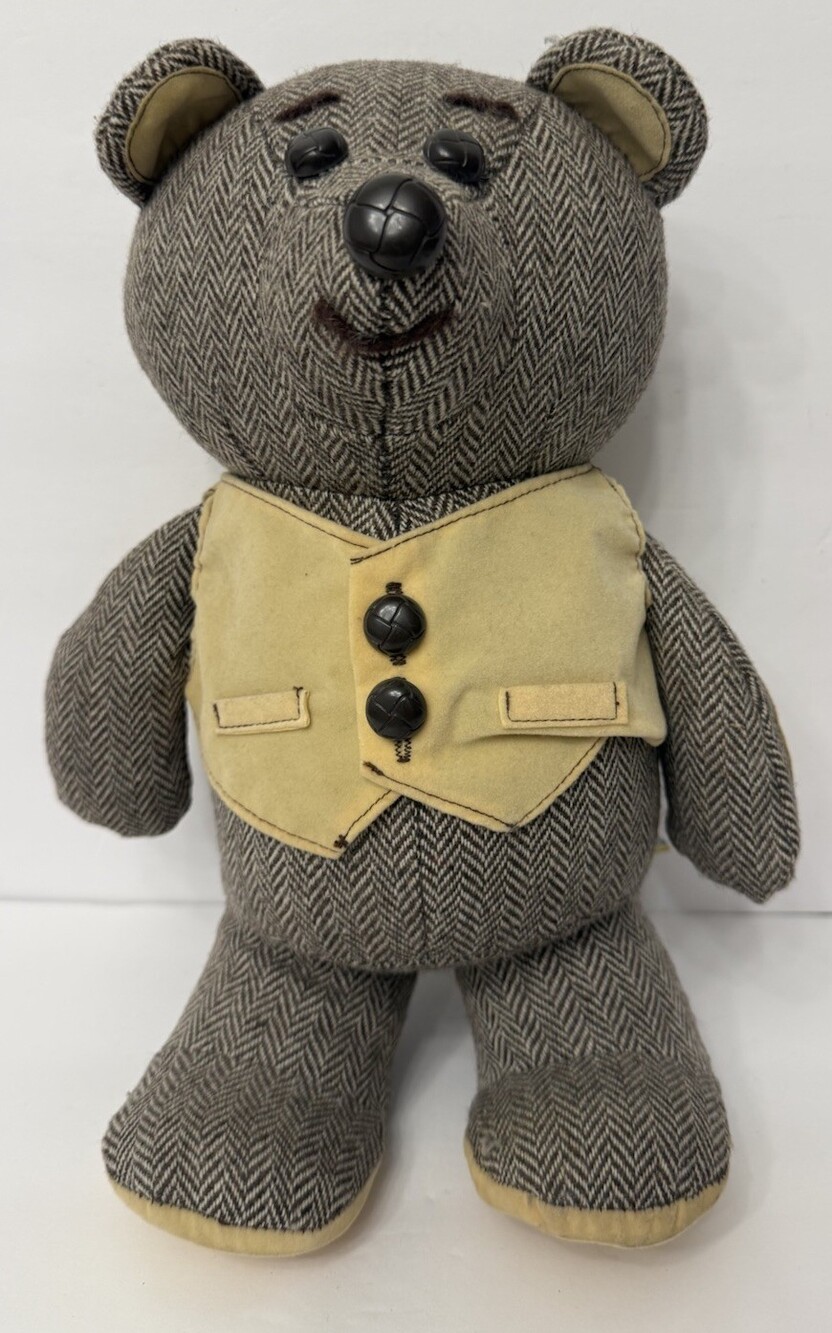 Vintage 1984 Dakin Elegante Teddy Bear Tweed Herringbone Suede Vest Collector12״